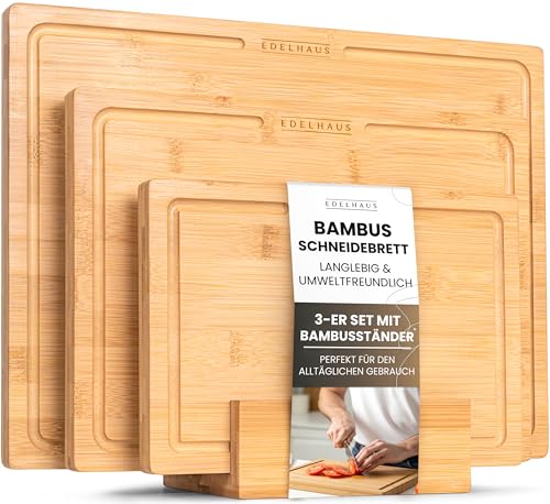 EDELHAUS Schneidebrett Holz 3er Set (40x30cm / 33x24cm / 26x18cm) Holzschneidebrett aus Bambus - 2cm dicke Holzbretter Küche mit Saftrille - Design Cutting Board Schneidbrett Set von EDELHAUS