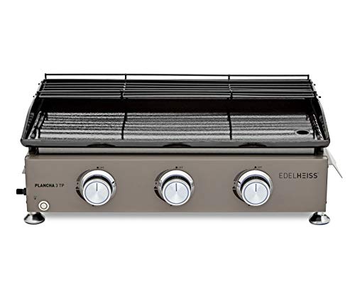 EDELHEISS Plancha Grill aus lackiertem Stahl mit emaillierter Grillplatte, 3 runde Brenner je 2,5 kW, starke Gesamtleistung von 7,5 kW, emailliertes Warmhalterost, Grillfläche von 36 x 65 cm von EDELHEISS