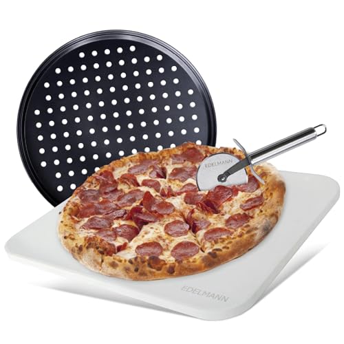 Edelmann Pizzastein für Backofen & Gasgrill (3er Set) - Pizzastein rechteckig - inkl. Pizzablech & Pizzaschneider - Pizza Stone - 38 x 30 1,5 cm von EDELMANN