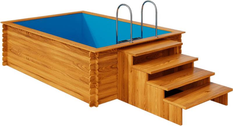 EDEN Holzmanufaktur Rechteckpool Fix&Fertig Fichtenholz Pool, inkl. blauem Einsatz, Dämmung, Einstiegstreppe & -Leiter, Wasserablauf von EDEN Holzmanufaktur