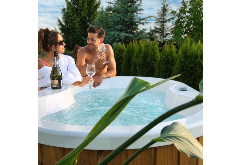 EDEN Holzmanufaktur Whirlpool 2 Pers. Luxus Mini Whirlpool aus Perlmutt-Acryl & Thermoholz, kompakte Größe, Acryl Einsatz in Perlmutt-Weiss Metallic von EDEN Holzmanufaktur