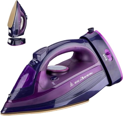 Dampfbügeleisen kabellos 2400 W kabelloses Bügeleisen, Sohle mit keramischer Antihaftbeschichtung Vertikal bügeln, Tropfstop, Antikalk, selbstreinigend mit Wassertank Cordless Steam Iron (Lila) von EDHA