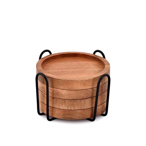 EDHAS Acacia Holz Rund Coasters Set von 4 mit Eisenhalter für Getränke, Tischschutz für jede Tischart für Bar, Küche, Heim, Wohnung (10,16 cm x 10,16 cm x 1,27 cm) von EDHAS