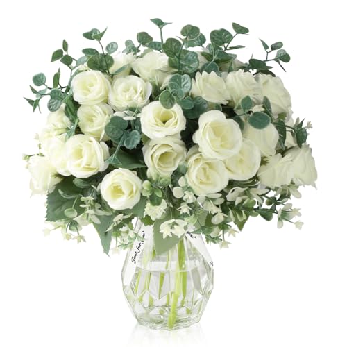 EDIMENS 4PCS Simulation von Blumen in Einer transparenten Glasvase mit gefälschten Rosen,echte Berührung mit gefälschten Rosensträußen für Hochzeitsfeiern und Home-Office-Dekorationen,Blumen und von EDIMENS