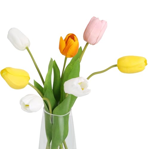 EDIMENS 7pcs künstliche Tulpenblüten mit Vasen, Silk-Tulpenblüten, künstliche Tulpenblütenblüten in Glasblüten für die Dekoration von Home Office, Tisch, Dekoration und Hochzeiten(Farbmischung) von EDIMENS