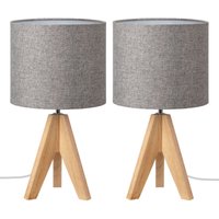 2er Set Nachttischlampe aus Holz, E27 Fassung, Leinenschirm, Stativ Tischlampe Grau - Edishine von EDISHINE