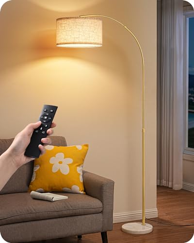 EDISHINE Bogenlampe Wohnzimmer Stehlampe, LED Stehleuchte mit Fernbedienung, stufenlos dimmbar & Farbtemperatureinstellbar, 143-176 cm Höhenverstellbar, drehbarer Lampenkopf, E27 Standleuchte Gold von EDISHINE