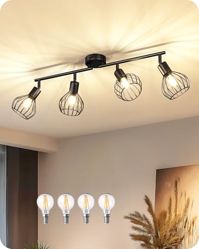 EDISHINE Deckenstrahler 4 Flammig Schwarz, LED Deckenleuchte Schwenkbar 340° mit Metallgitter-Lampenschirm, inkl. 4 x 4W G45 Glühbirnen (3000K), E14 Deckenspots für Wohnzimmer, Küche, Flur von EDISHINE