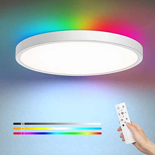 EDISHINE LED Deckenleuchte Dimmbar, Flach Deckenlampe Wohnzimmer, 24W+4W RGB Farbwechsel, mit Fernbedienung, 2160LM, Warmweiß/Neutralweiß/Kaltweiß, Speicherfunktion, Schlafzimmer Kinderzimmer, Weiß von EDISHINE