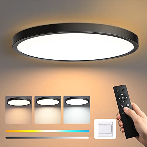 EDISHINE LED Deckenleuchte Dimmbar 28W, 2520lm Schwarz Deckenlampe Flach mit Fernbedienung, 3000K/4000K/6000K, Badlampe Küchenlampen Modern Schlicht Dünn Für Bad/Schlafzimmer/Keller/Balkon Ø30cm von EDISHINE