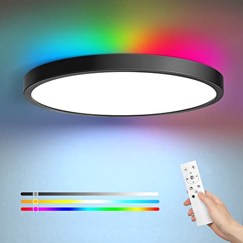 EDISHINE LED Deckenleuchte Dimmbar, RGB Farbwechsel, Schwarz Flach Deckenlampe Wohnzimmer, 24W+4W RGB, mit Fernbedienung, Warmweiß/Neutralweiß/Kaltweiß, Speicherfunktion, Schlafzimmer Kinderzimmer von EDISHINE