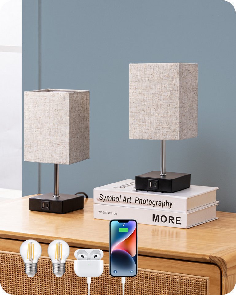 EDISHINE LED Nachttischlampe Touch Dimmbar, 2er-Set Tischleuchten mit USB, LED wechselbar, warmweiß, kleine Tischlampe mit Ladefunktion von EDISHINE