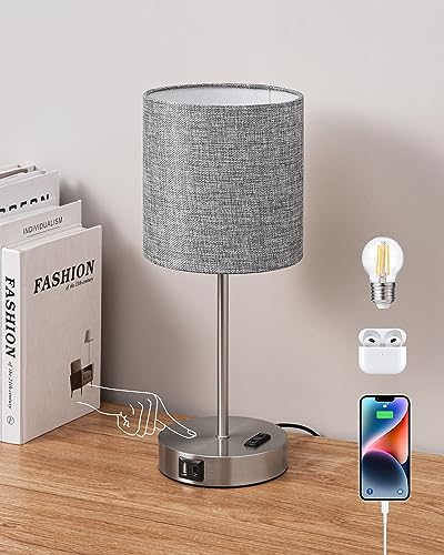 EDISHINE LED Nachttischlampe Touch Dimmbar, Tischlampe Modern, Kleine Lampe, mit Ladefunktion, 2 USB Anschlüsse, Schlafzimmer, Wohnzimmer, Fensterbank, Geschenk, Leinen Lampenschirm, Grau von EDISHINE