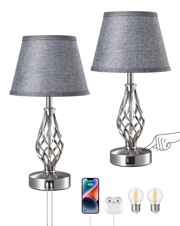 EDISHINE LED Nachttischlampe Touch Dimmbar 2er Set, LED wechselbar, Tischlampe mit Ladefunktion von EDISHINE