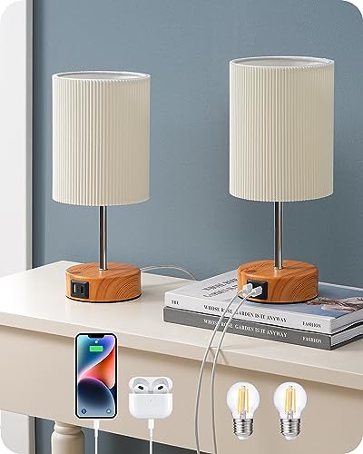 EDISHINE LED Nachttischlampe Touch Dimmbar 2er Set, Tischlampe Modern, Kleine Lampe, mit Ladefunktion, 2 USB Anschlüsse, mit Kabel, für Schlafzimmer, Wohnzimmer, Fensterbank, Geschenk, Holzoptik von EDISHINE