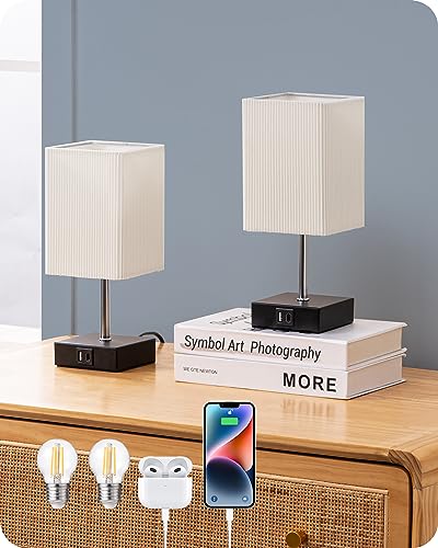 EDISHINE LED Nachttischlampe Touch Dimmbar 2er Set, Tischlampe Modern, Kleine Lampe, mit Ladefunktion, 2 USB Anschlüsse, für Deko Schlafzimmer, Wohnzimmer, Fensterbank, Geschenk, Plissee von EDISHINE