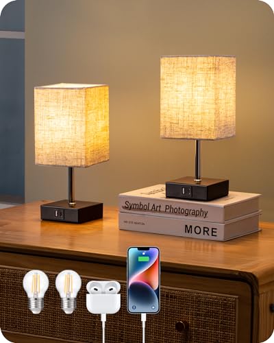 EDISHINE LED Nachttischlampe Touch Dimmbar 2er Set, Tischlampe Modern, Kleine Lampe, mit Ladefunktion, 2 USB Anschlüsse, für Schlafzimmer, Wohnzimmer, Fensterbank, Geschenk, Beige von EDISHINE