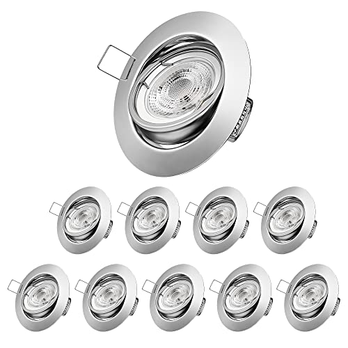 EDISHINE LED Spots Dimmbar 10er, LED Einbaustrahler 230V, 3000K Warmweiß Einbauleuchten, 68mm, Schwenkbare Spots Deckenleuchte ohne Trafo, 350Lumen, Ersatz Halogen, Einbaustiefe 75mm, Chrom von EDISHINE