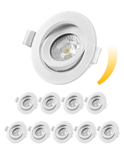 EDISHINE LED Spots Dimmbar, Einbaustrahler Flach 230V, 3000K 68mm, Warmweiß Einbauleuchten, Schwenkbare Spots Deckenleuchte, 400Lumen, Ersatz Halogenlampe, 10er (Weiß) von EDISHINE