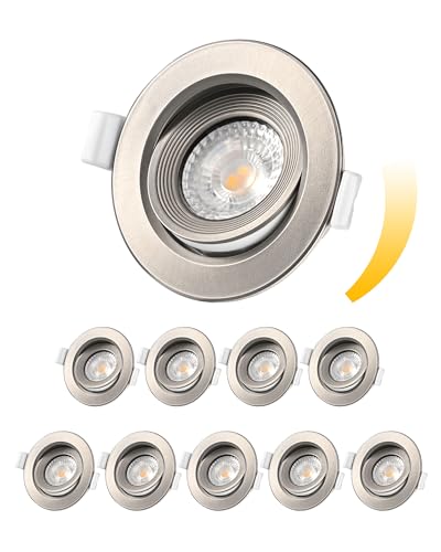 EDISHINE LED Spots Dimmbar 10er, LED Einbaustrahler Flach 230V, 3000K Dimmbar 68mm, Warmweiß Einbauleuchten, Schwenkbare Spots Deckenleuchte, 400Lumen, Ersatz Halogenlampe (Nickel) von EDISHINE