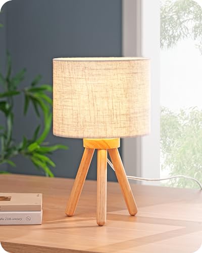 EDISHINE Nachttischlampe Holz, Tischlampe Vintage, Stativ Kleine Tischleuchte, Retro Landhaus, E27 LED Birne, Lampenschirm aus Leinen, für Deko Schlafzimmer, Wohnzimmer, Geschenk, Beige von EDISHINE