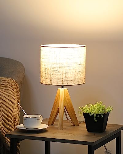 EDISHINE Nachttischlampe Tischlampe Holz, E27 Fassung, Stativ Vintage Landhaus, Beiger Lampenschirm aus Leinen, für modern Deko Schlafzimmer, Wohnzimmer, Nachttisch, Geschenk von EDISHINE