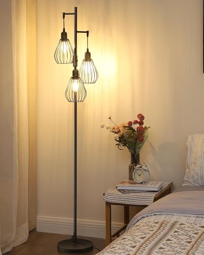 EDISHINE Stehlampe Wohnzimmer 166cm, Modern Standleuchte Dimmbar, Industrial Stehleuchte Schwarz mit LED E27 Leuchtmittel, 3 Käfig Lampenschirm aus Metall, für Home Deko Schlafzimmer, Geschenk von EDISHINE