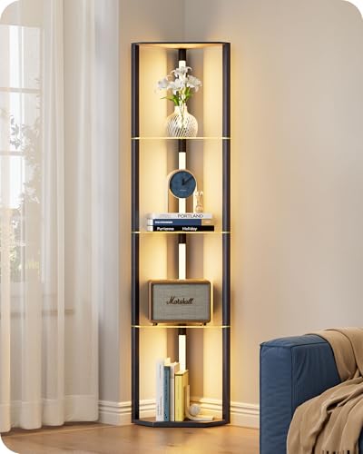 EDISHINE Stehlampe Wohnzimmer Holz, Retro Stehlampe mit 4 Regalen aus Glas, dimmbar & 3 Farbtemperaturen, 20W 360°drehbare LED-Stangen, Standleuchte mit Fußschalter für Schlafzimmer, Ecke, Schwarz von EDISHINE