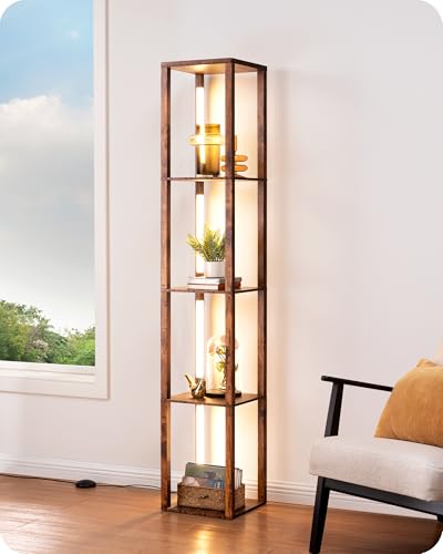 EDISHINE Stehlampe mit Regal Dimmbar, 3 Farbtemperaturen, 20W 1530 Lumen 163 cm Eckregal mit 360° drehbare LED-Leuchten und Fußschalter, Moderne Innenbeleuchtung mit 4 Ablagen, Stehleuchte Wohnzimmer von EDISHINE