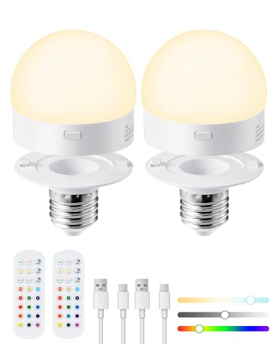 EDISHINE USB-C Aufladbare Glühbirne mit Batterie, E27 Farbwechsel Akku Glühbirne mit Fernbedienung, Wiederaufladbare Birnen mit Timerfunktion, 3 Farbtemperaturen & RGB 12 Farben Dimmbar, 2 Stück von EDISHINE