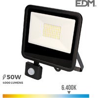 EDM - LED-Flutlichtstrahler mit Bewegungsmelder - 50W 4000 Lumen - 6400K- Schwarz von EDM