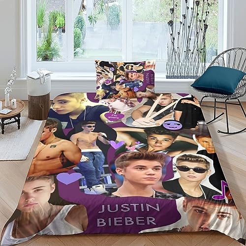 EDMKO Justin Bieber Bettwäsche 3D Aus Weiche Atmungsaktiv Mikrofaser Mit Reißverschluss Für Erwachsene Teenager Kinder Heimdekoration Bettbezug-Set Mit Kissenbezug Single（135x200cm） von EDMKO