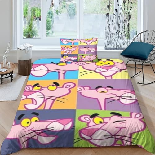 EDMKO Rosa Panther Bettwäsche Sets 2 Teilig Bettbezug Comfort Soft Microfiber 3D Wildtiere Bettbezug Kissenbezug Zipper Mit Kopfkissenbezug Für Kinder Und Erwachsene Single（135x200cm） von EDMKO