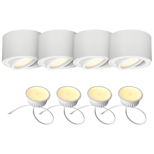 EDO 4 Stück LED Aufbauspots Weiß ZALDA OV Runde, Extra Flach Schwenkbar Deckenleuchte, Deckenspots - Ø80*50mm mit 4,8W LED Modul 230V 3000K Warmweiß, Deckenstrahler, Aufbaustrahler Aufputz von EDO
