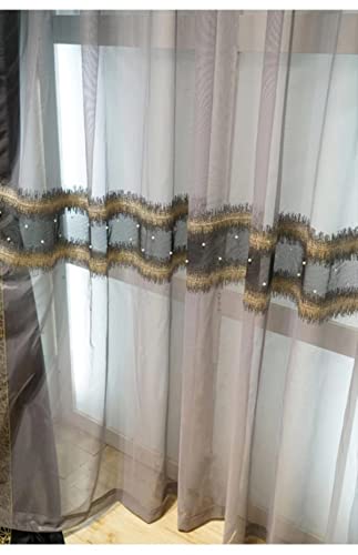 EDOSSA Verdunkelungsvorhänge für Wohnzimmer Europäischer Samt Tüll Grau Vintage Goldene Spitzennähte Schlafzimmer Custom Esszimmer-Grauer Tüll,B300cmxH250cm 1PC,Stabtasche von EDOSSA