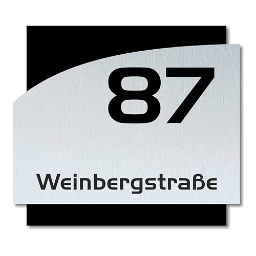 Hausnummernschild Curved von EDS-Werbemedien - Hochwertiges Hausnummer Schild in Edelstahl-Design - Individuell personalisierbares Haus Nummernschild aus UV- und witterungsbeständigem Material von EDS-WERBEMEDIEN