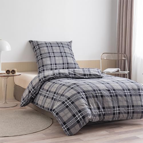 100% Gebürsteter Baumwolle Tartan Check Flanell Luxus Bettbezug Sets 135 x 200 cm Super Soft mit passender Farbe Kissenbezug (Grey., 135 X 200 EU) von EDS