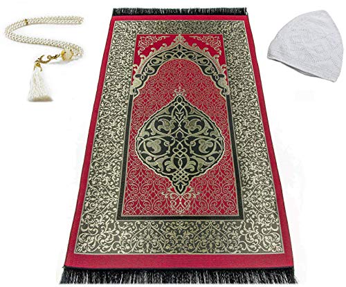 EDUS Türkischer Muslimischer Gebetsteppich, Geschenke 99 Gebetsperlen und Kufi-Mützen für Herren, Islamische Gebetsmatte aus Baumwolle für Männer, Frauen und Kinder, Tragbarer Teppich, Ramadan Gifts von EDUS