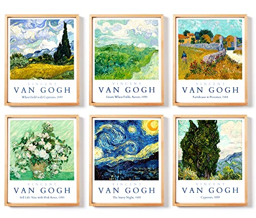 EDUS Van Gogh Kunstdrucke, Wanddekoration, Van Gogh Posterdrucke, Wandkunst, 6er-Set (20,3 x 25,4 cm), Vincent Van Gogh Raumdekoration, Sternennacht-Poster (ungerahmt) (Van Gogh) von EDUS