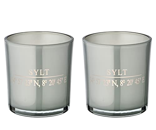 EDZARD 2er-Set Teelichtgläser Sylt (Höhe 8 cm, Ø 7,5 cm) in Grau | Windlicht mit Sylt-Koordinaten – Dekorative Geschenkidee für Sylt-Liebhaber von EDZARD
