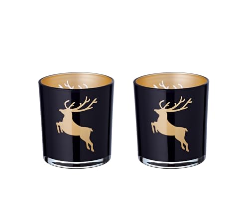 EDZARD 2er Set Teelichtglas ELSA (Höhe 8 cm), Hirsch-Motiv, außen schwarz/innen Gold von EDZARD