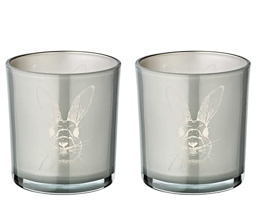 EDZARD 2er Set Teelichtglas Hase (Höhe 8 cm, ø 7,5 cm), in Grau, Teelichthalter Windlicht mit Hasen-Motiv, Oster-Deko von EDZARD