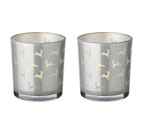 EDZARD 2er-Set Teelichtglas Hiti (Höhe 8 cm, ø 7 cm), grau, Windlicht mit Rentier-Motiv von EDZARD