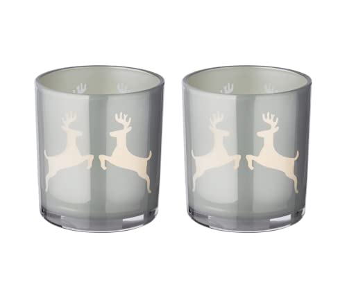 EDZARD 2er Set Teelichtglas Loki (Höhe 8 cm, ø 7,5 cm) in Grau, Windlicht mit Hirsch-Motiv von EDZARD