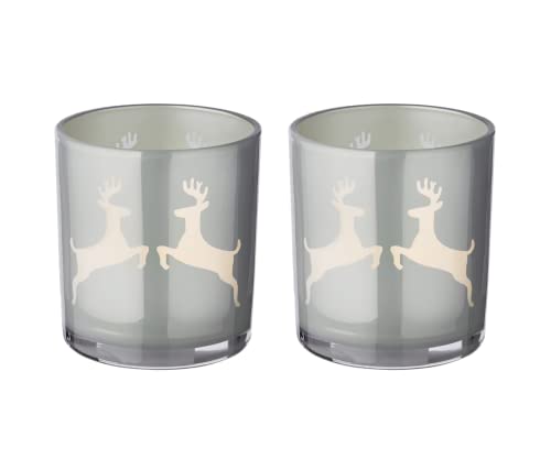 EDZARD 2er Set Teelichtglas Loki (Höhe 8 cm, Durchmesser 7,5 cm) grau/Gold, Windlicht mit Hirsch-Motiv von EDZARD