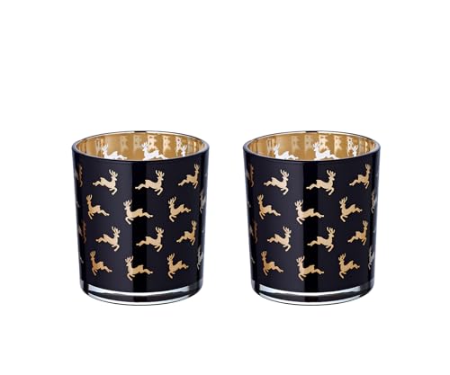 EDZARD 2er-Set Teelichtglas Luna (Höhe 8 cm), schwarz, Hirsch-Motiv von EDZARD