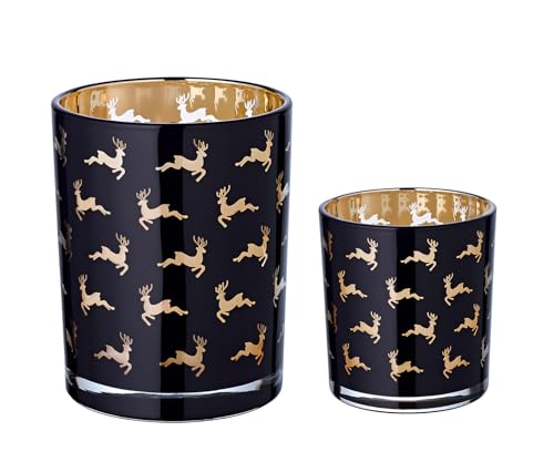 EDZARD 2er-Set Teelichtglas Luna (Höhe 8 & 13 cm), schwarz, Hirsch-Motiv von EDZARD