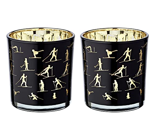 EDZARD 2er-Set Teelichtglas Monty (Höhe 8 cm, ø 7,5 cm), Windlicht mit Skisport Motiv, innen Gold/außen schwarz von EDZARD