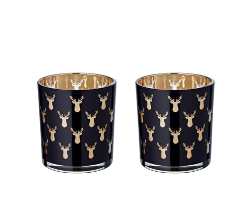 EDZARD 2er-Set Teelichtglas Rosy (Höhe 8 cm), schwarz, Hirsch-Motiv von EDZARD