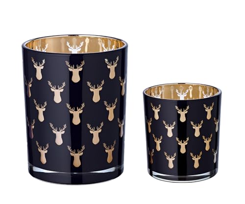 EDZARD 2er-Set Teelichtglas Rosy (Höhe 8 & 13 cm), schwarz, Hirsch-Motiv von EDZARD